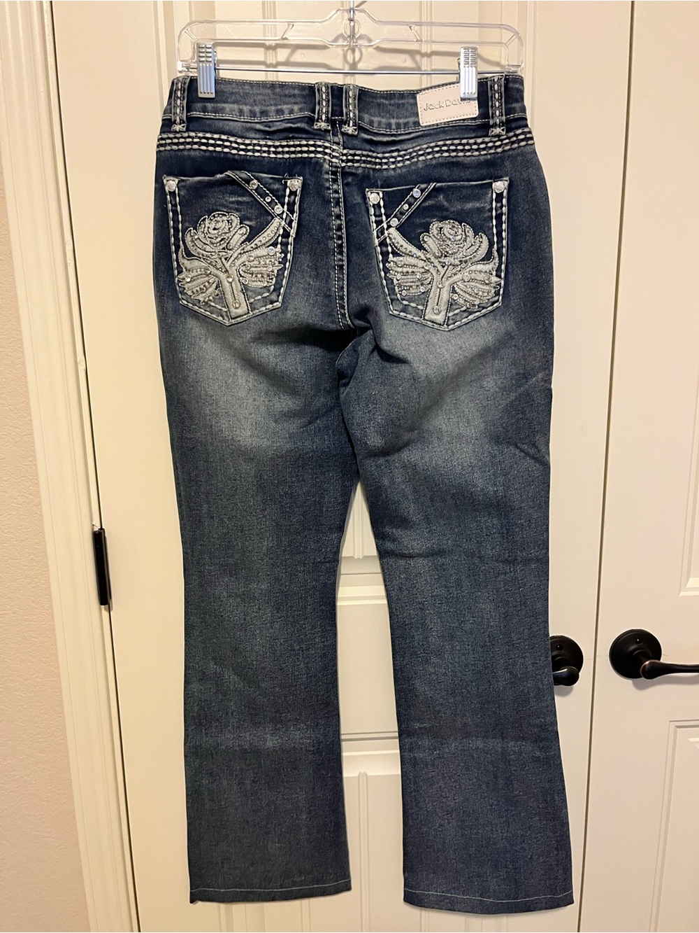Jack David Jeans Dark Blue Embroidered Pocket Boot Cut Jeans.